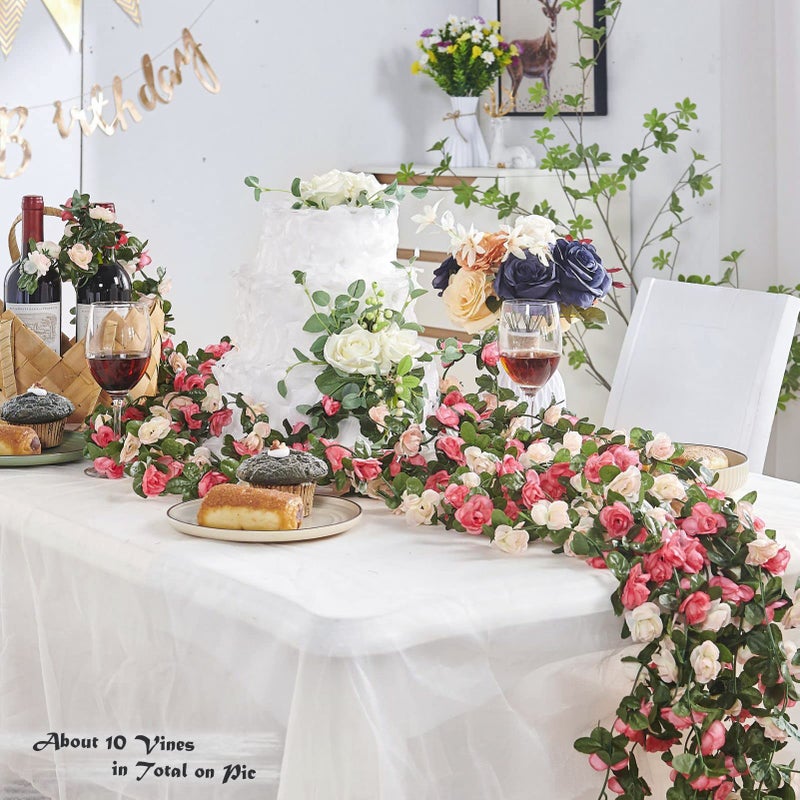 PONKING 8 Pcs x 8.2 ft Flower Garland Artificial Rose Vine Flowers with Green Leaves Hanging Fake Roses Vine for Room Party Home Wedding Birthday Christmas Wall Arch Decor, Spring Pink Flower - Image 2